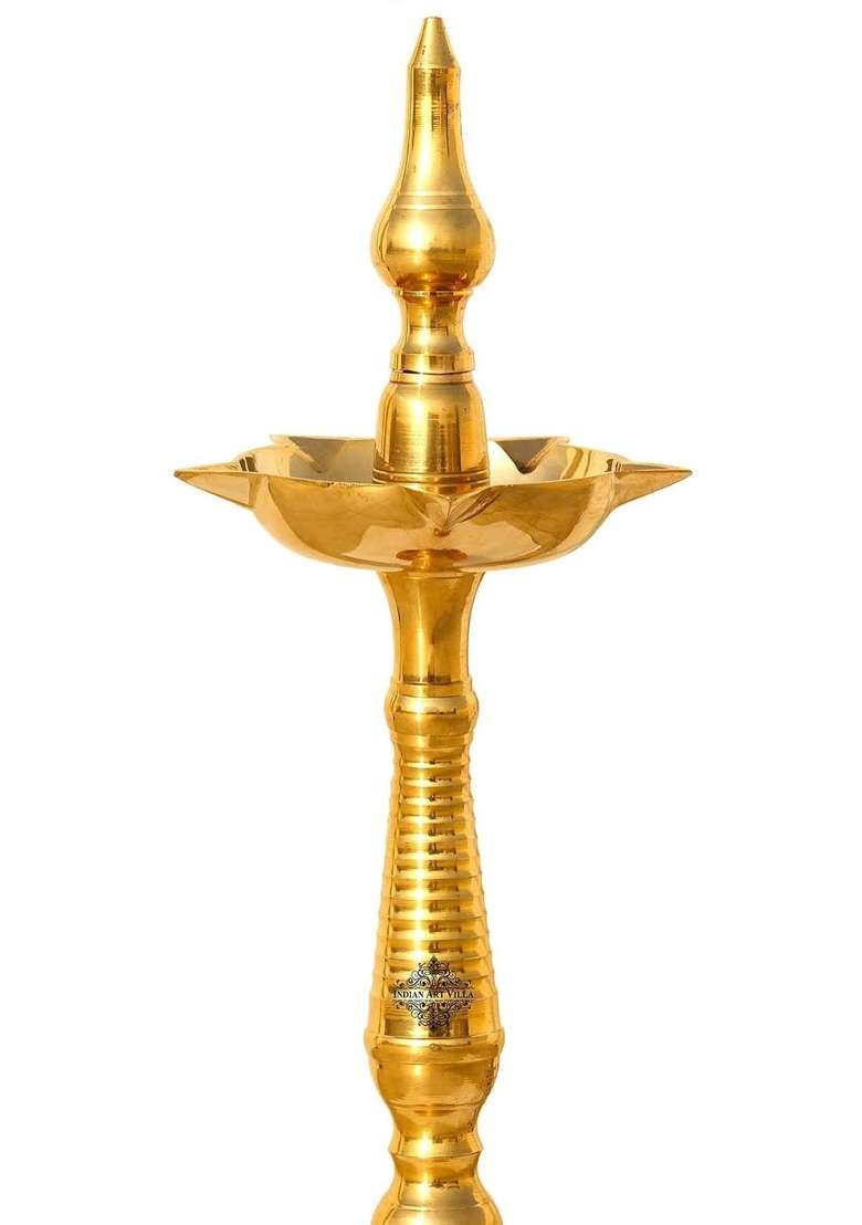 Indian Art Villa Golden Pure Brass Stand Pillar Diya Deepak Lamp Lantern with Dome Design Pooja - Indya