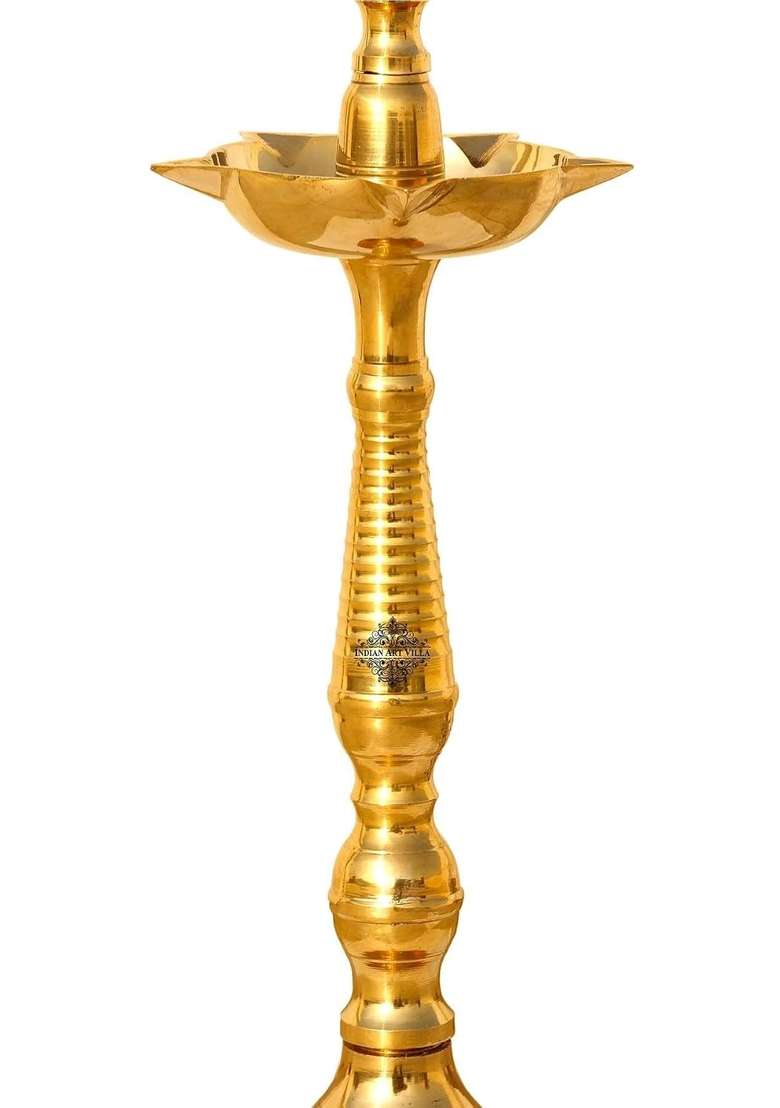 Indian Art Villa Golden Pure Brass Stand Pillar Diya Deepak Lamp Lantern with Dome Design Pooja - Indya