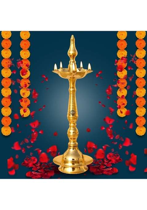 Indian Art Villa Golden Pure Brass Stand Pillar Diya Deepak Lamp Lantern with Dome Design Pooja