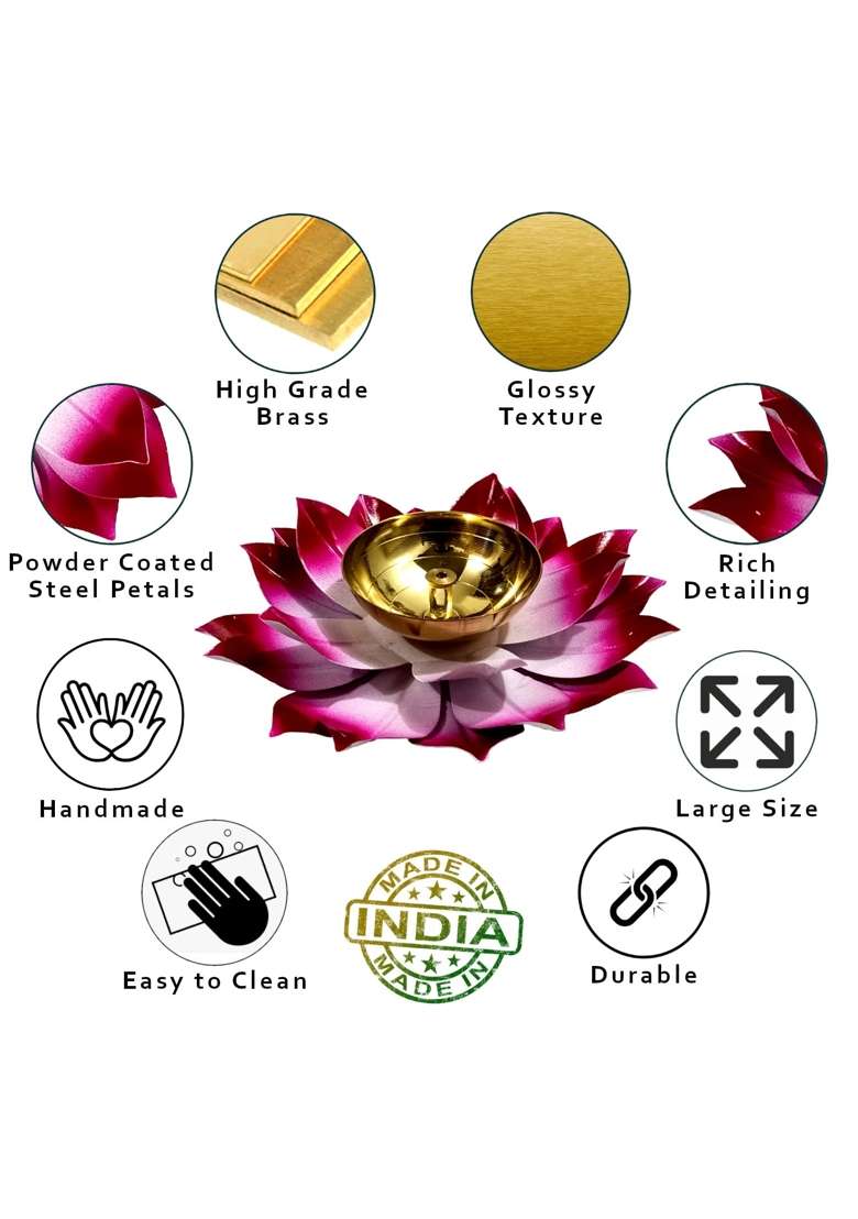 Lamina Lotus Shaped Large Size Brass Diya for Puja 6Inch Pink Petals Set of 10 - Indya