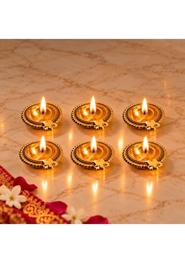 Craftvatika Golden Kuber Pure Brass Diya Oil Lamp for Pooja Diwali Decor Items Pack of 6 - Indya