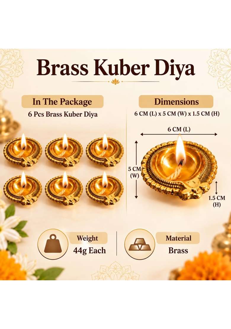 Craftvatika Golden Kuber Pure Brass Diya Oil Lamp for Pooja Diwali Decor Items Pack of 6 - Indya