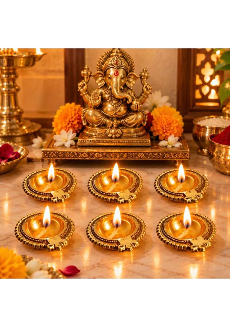 Craftvatika Golden Kuber Pure Brass Diya Oil Lamp for Pooja Diwali Decor Items Pack of 6 - Indya