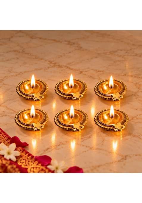 Craftvatika Golden Kuber Pure Brass Diya Oil Lamp for Pooja Diwali Decor Items Pack of 6