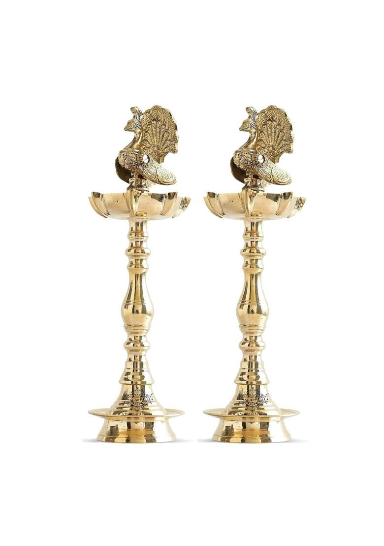 Indian ART Villa Golden Brass Stand Pillar Diya Peacock Design Diwali and Pooja Decor Pack of 2 - Indya