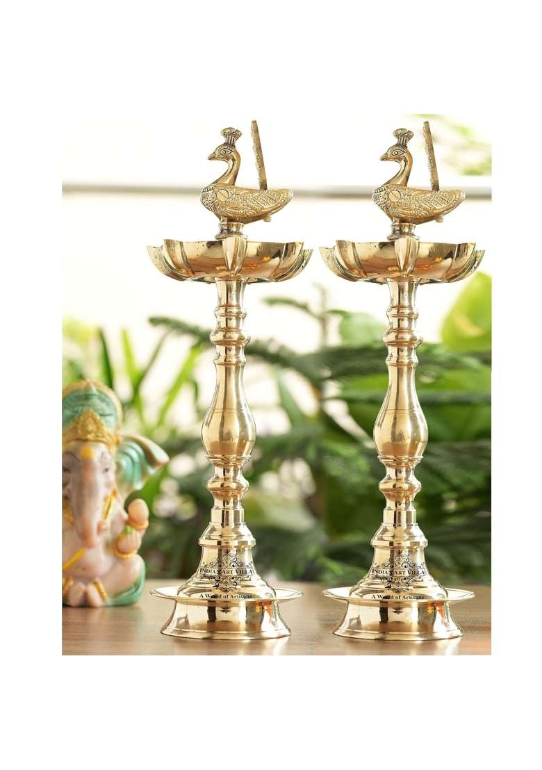 Indian ART Villa Golden Brass Stand Pillar Diya Peacock Design Diwali and Pooja Decor Pack of 2 - Indya