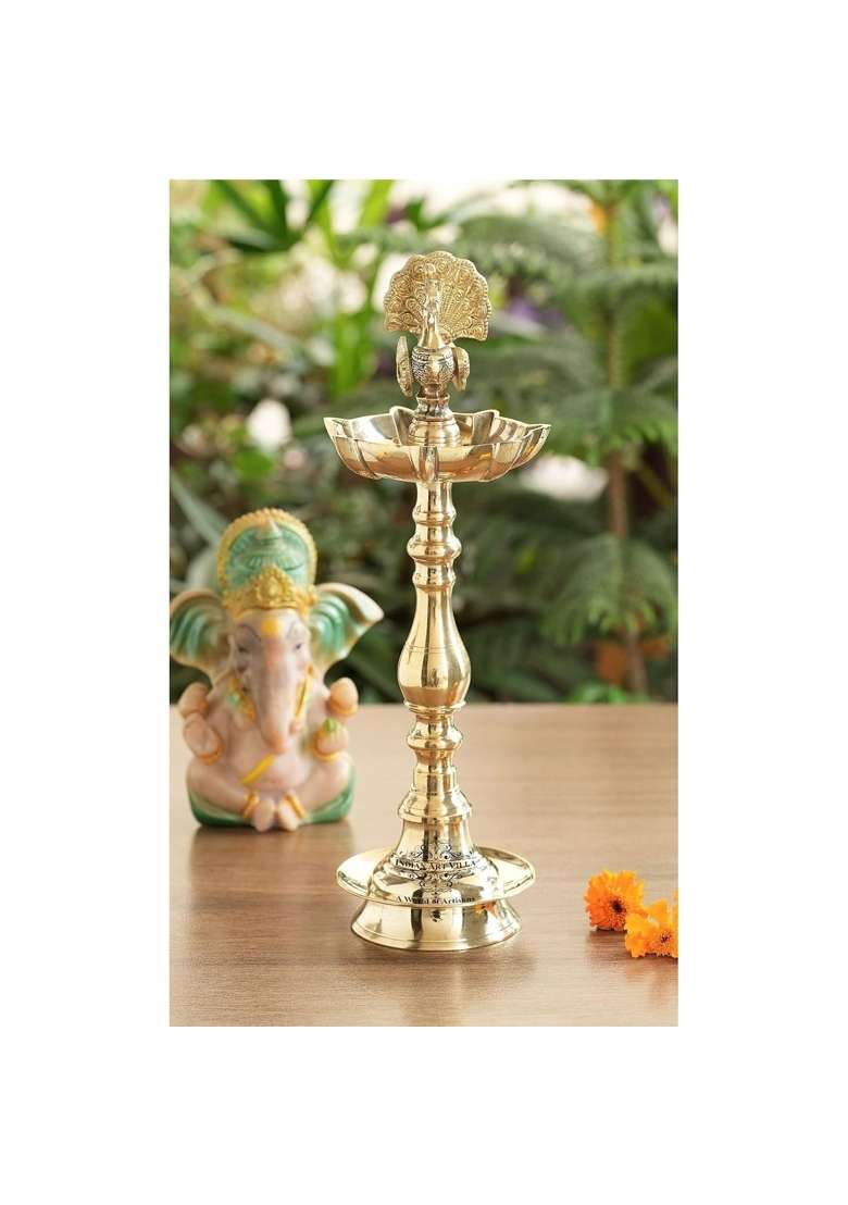 Indian ART Villa Golden Brass Stand Pillar Diya Peacock Design Diwali and Pooja Decor Pack of 2 - Indya