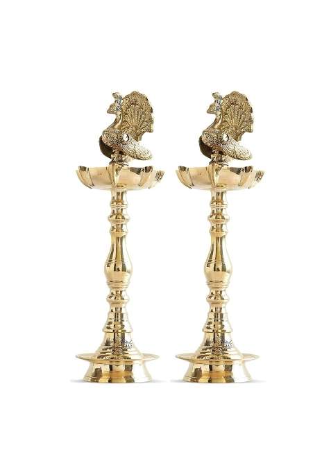 Indian ART Villa Golden Brass Stand Pillar Diya Peacock Design Diwali and Pooja Decor Pack of 2