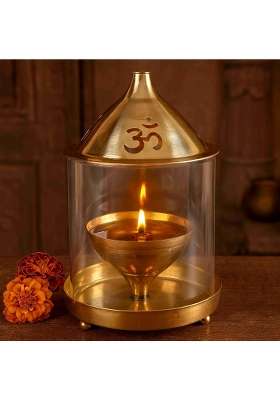 Pure Source India Gold Brass Akhand Diya with Borosilicate Glass Decorative Brass Glass Oil Lamp
