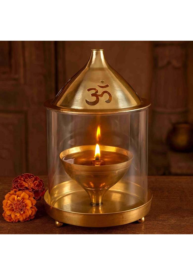 Pure Source India Gold Brass Akhand Diya with Borosilicate Glass Decorative Brass Glass Oil Lamp - Indya
