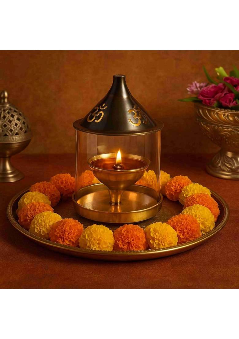 Pure Source India Gold Brass Akhand Diya with Borosilicate Glass Decorative Brass Glass Oil Lamp - Indya