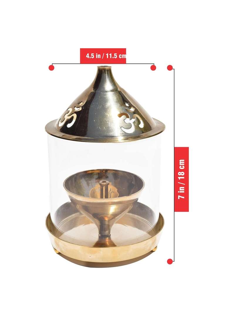 Pure Source India Gold Brass Akhand Diya with Borosilicate Glass Decorative Brass Glass Oil Lamp - Indya