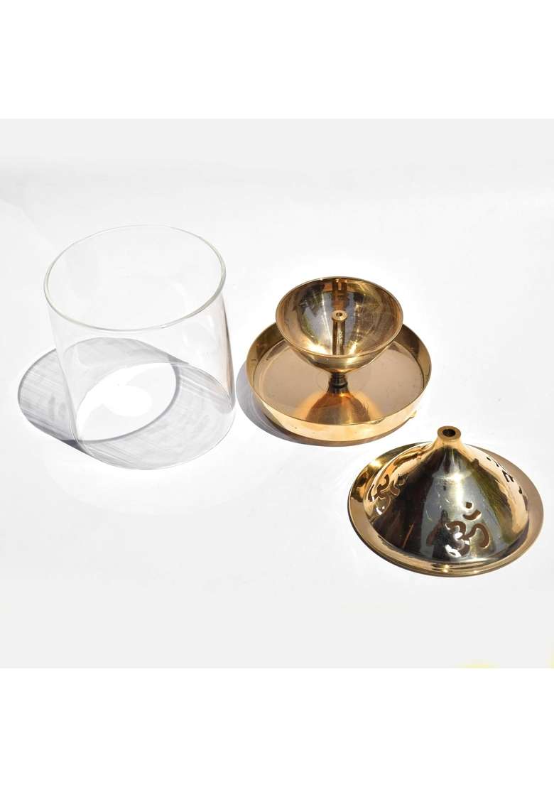 Pure Source India Gold Brass Akhand Diya with Borosilicate Glass Decorative Brass Glass Oil Lamp - Indya