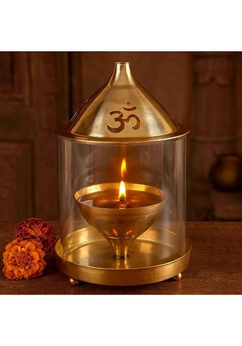 Pure Source India Gold Brass Akhand Diya with Borosilicate Glass Decorative Brass Glass Oil Lamp