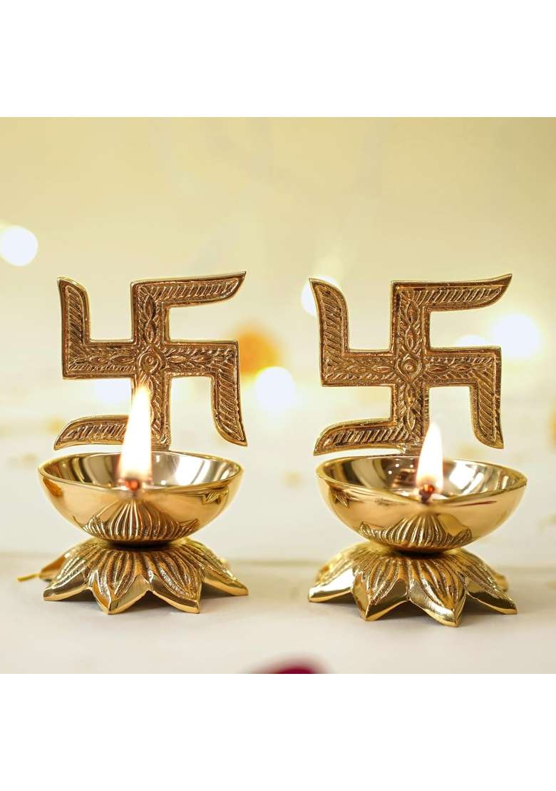Behoma Gold 100 Percent Pure Brass Swastik Diya Set for Puja Set of 2 - Indya