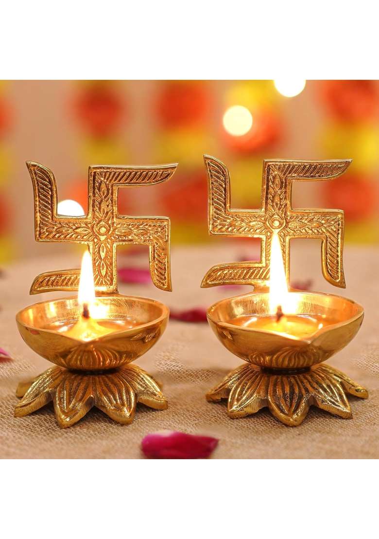 Behoma Gold 100 Percent Pure Brass Swastik Diya Set for Puja Set of 2 - Indya