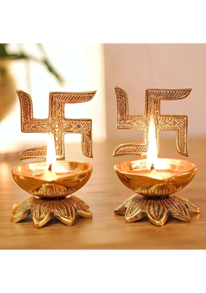 Behoma Gold 100 Percent Pure Brass Swastik Diya Set for Puja Set of 2 - Indya