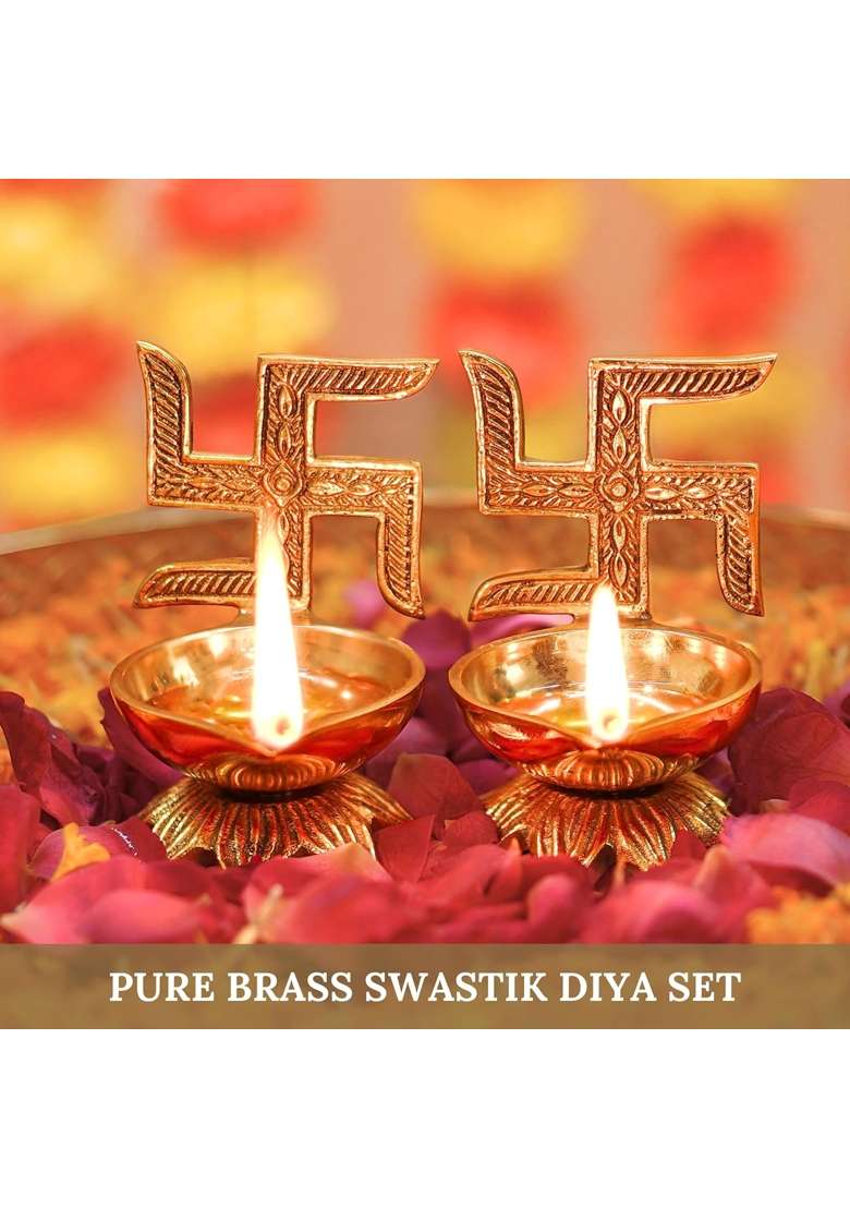 Behoma Gold 100 Percent Pure Brass Swastik Diya Set for Puja Set of 2 - Indya