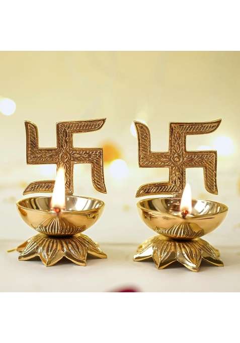 Behoma Gold 100 Percent Pure Brass Swastik Diya Set for Puja Set of 2