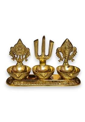 Raisom Golden Brass Shankha Chakra Balaji Tilak 3 Deep Diya Premium Oil Lamp for Pooja Home and Office Temple