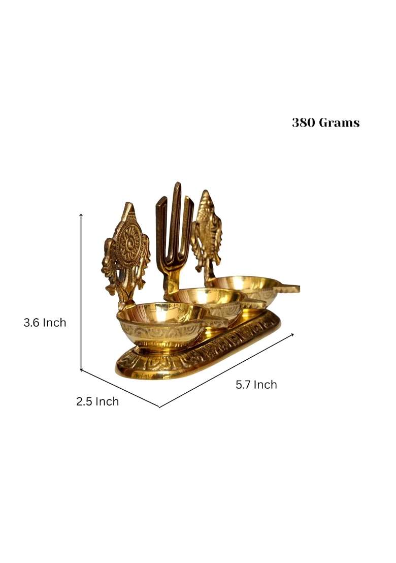 Raisom Golden Brass Shankha Chakra Balaji Tilak 3 Deep Diya Premium Oil Lamp for Pooja Home and Office Temple - Indya