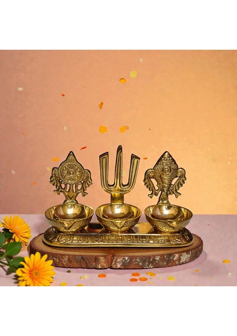 Raisom Golden Brass Shankha Chakra Balaji Tilak 3 Deep Diya Premium Oil Lamp for Pooja Home and Office Temple - Indya