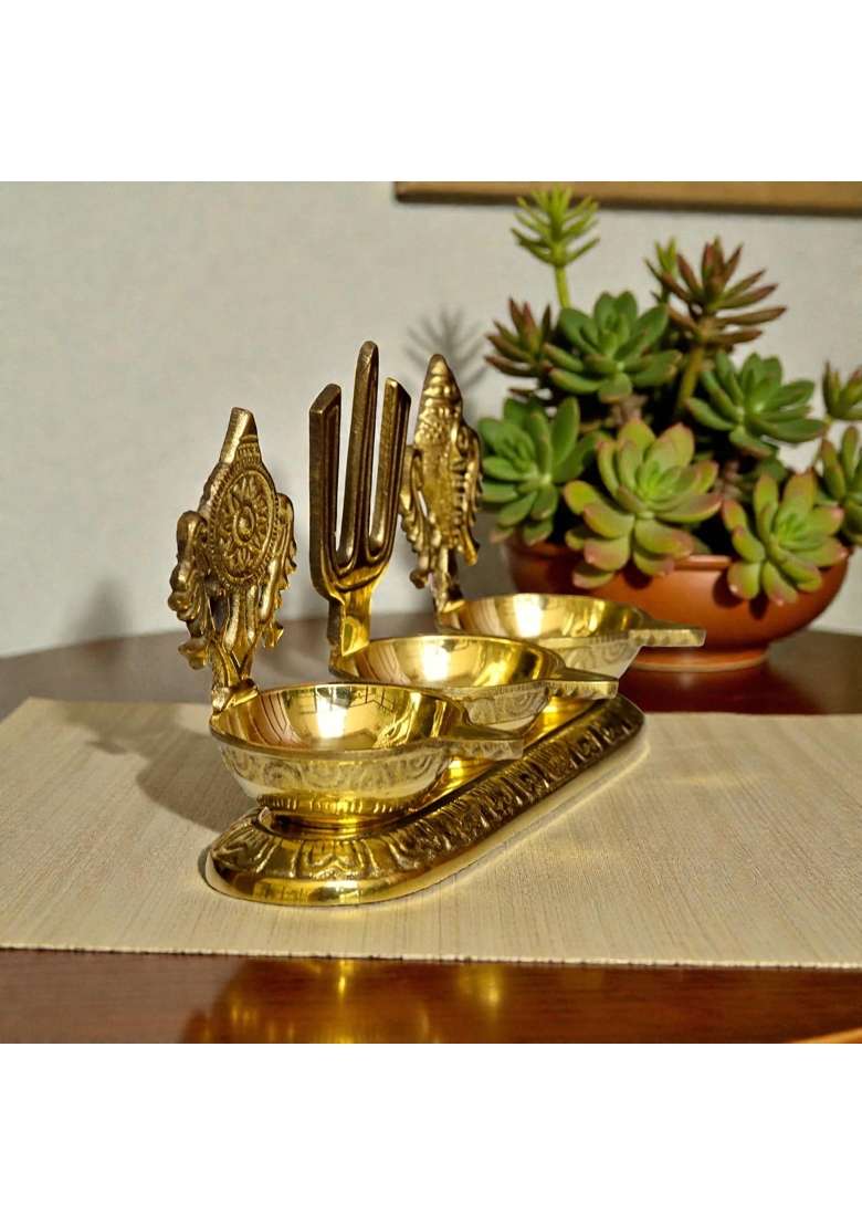 Raisom Golden Brass Shankha Chakra Balaji Tilak 3 Deep Diya Premium Oil Lamp for Pooja Home and Office Temple - Indya