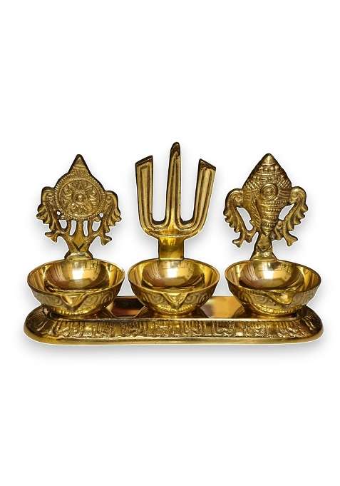 Raisom Golden Brass Shankha Chakra Balaji Tilak 3 Deep Diya Premium Oil Lamp for Pooja Home and Office Temple