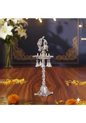 Brass Collection Silver Plated Peacock Oil Ghee Diya Elegant Panchmukhi Deepak Lamp for Pooja Room