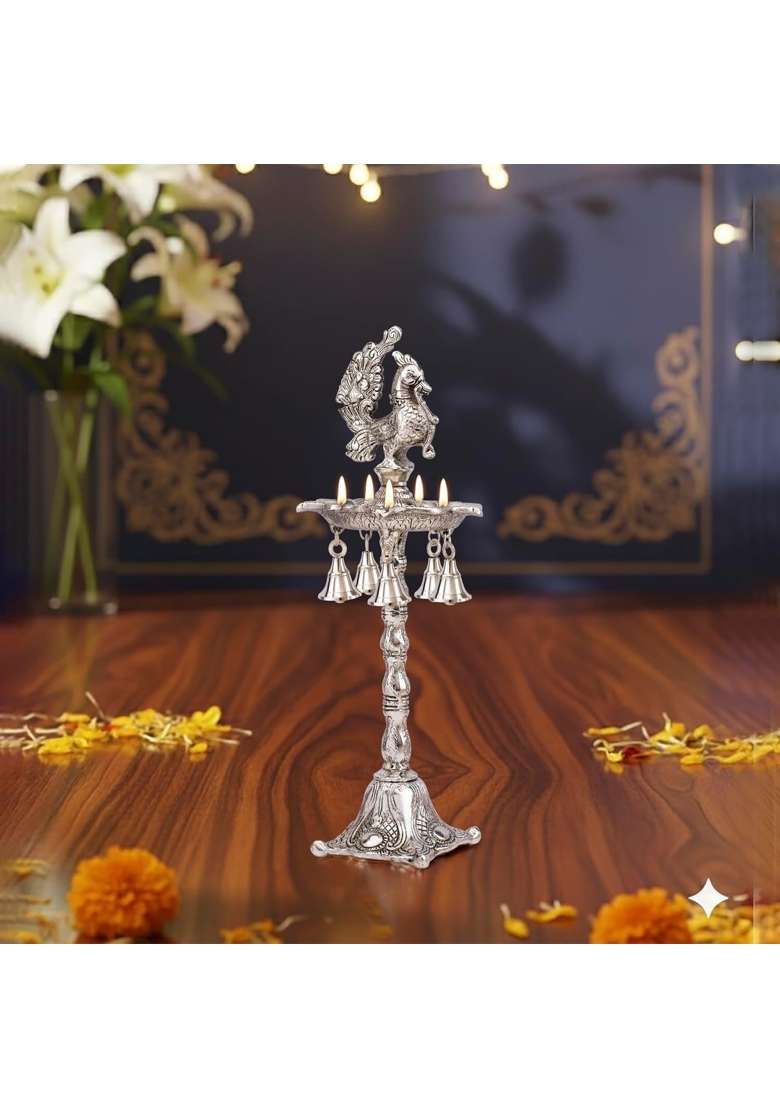 Brass Collection Silver Plated Peacock Oil Ghee Diya Elegant Panchmukhi Deepak Lamp for Pooja Room - Indya