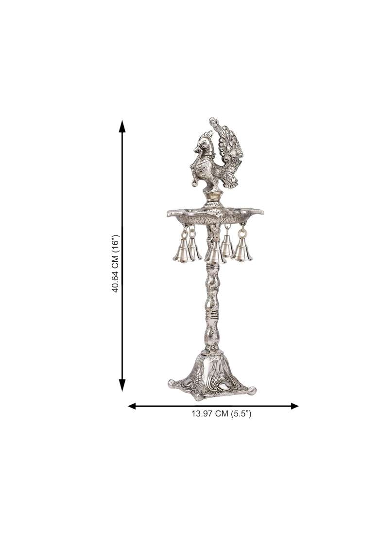 Brass Collection Silver Plated Peacock Oil Ghee Diya Elegant Panchmukhi Deepak Lamp for Pooja Room - Indya