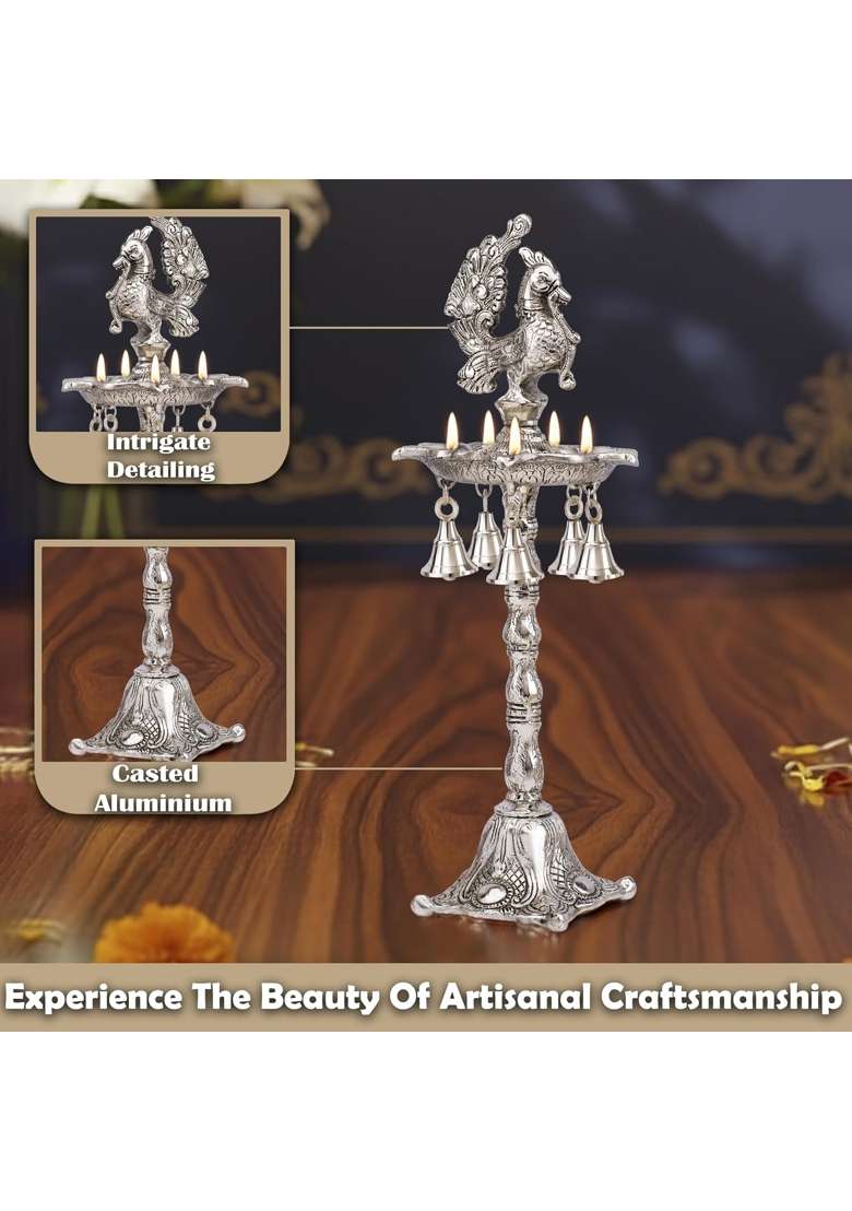 Brass Collection Silver Plated Peacock Oil Ghee Diya Elegant Panchmukhi Deepak Lamp for Pooja Room - Indya