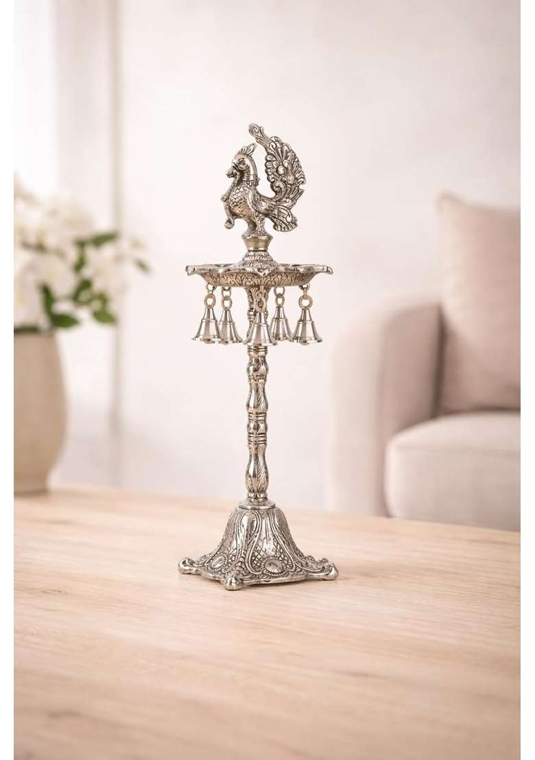 Brass Collection Silver Plated Peacock Oil Ghee Diya Elegant Panchmukhi Deepak Lamp for Pooja Room - Indya