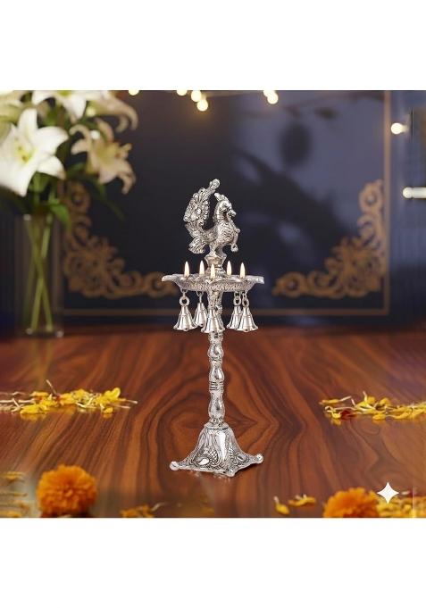 Brass Collection Silver Plated Peacock Oil Ghee Diya Elegant Panchmukhi Deepak Lamp for Pooja Room