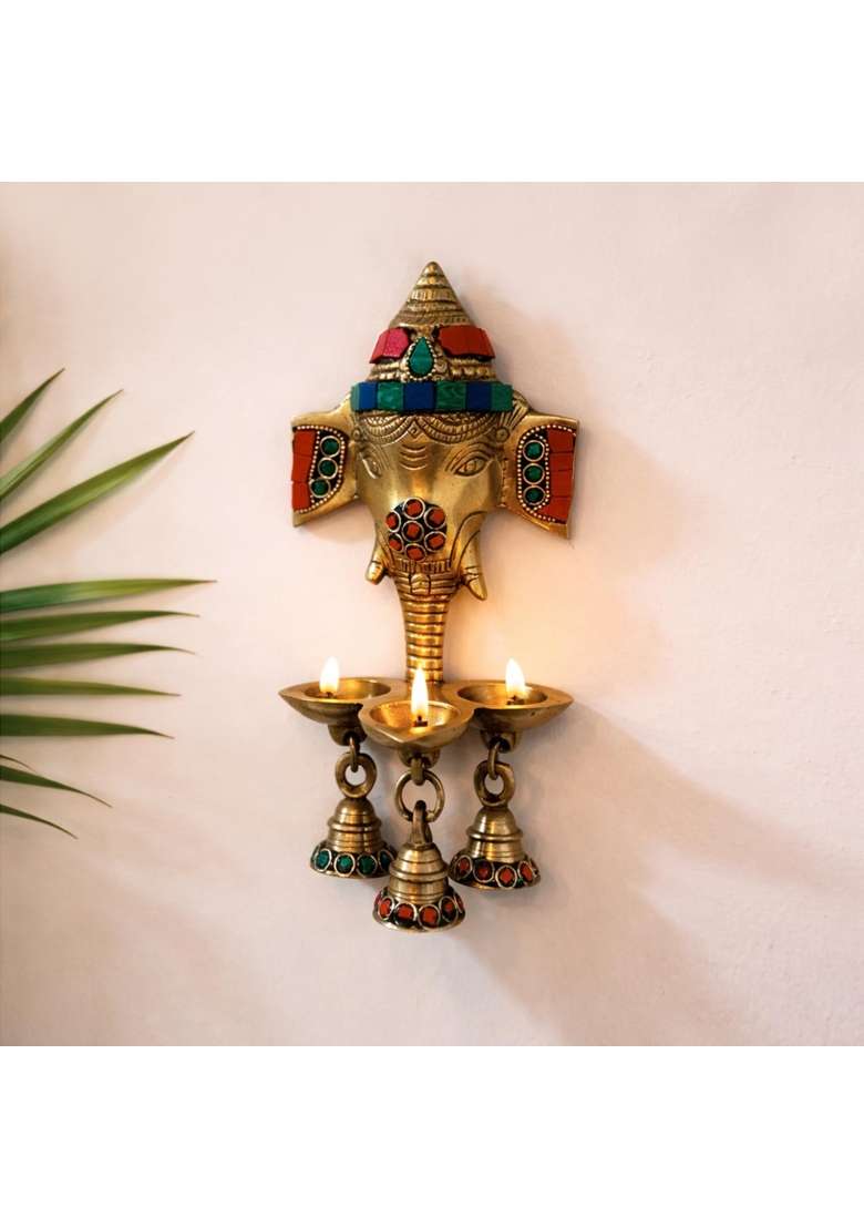 Exclusivelane Golden Divine Ganesha Brass Wall Hanging Diya 100 Percent Pure Brass 21 Point 8 CM 5 ML - Indya