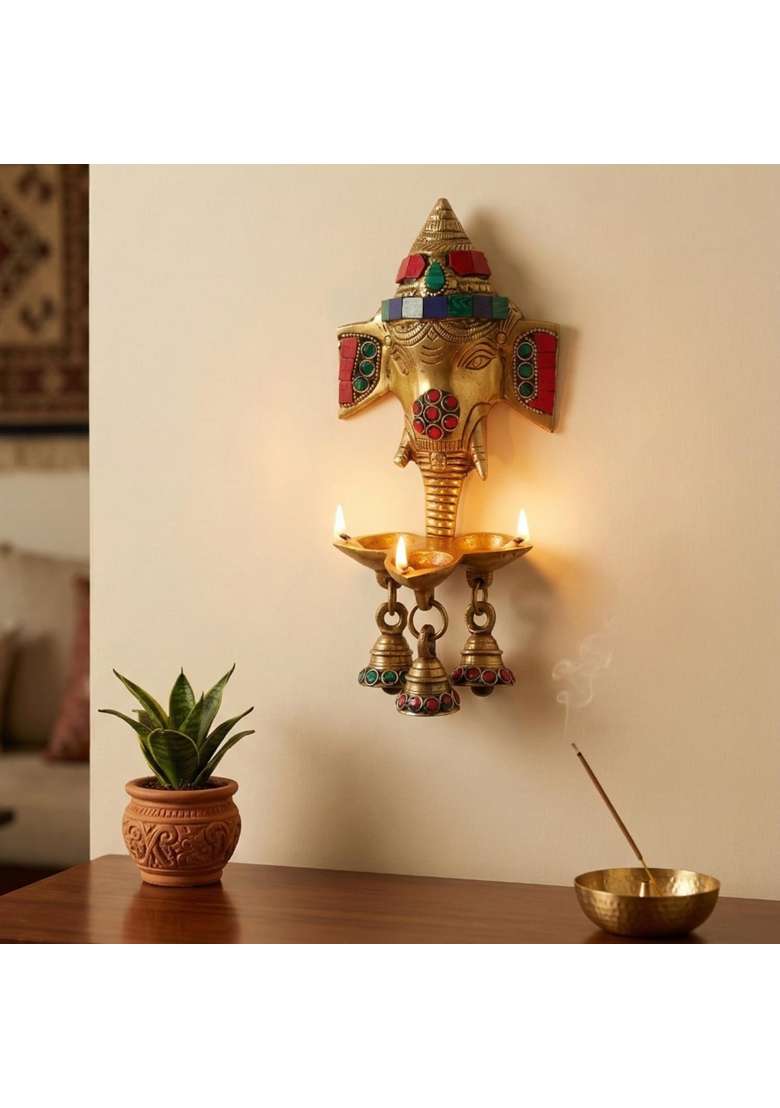 Exclusivelane Golden Divine Ganesha Brass Wall Hanging Diya 100 Percent Pure Brass 21 Point 8 CM 5 ML - Indya
