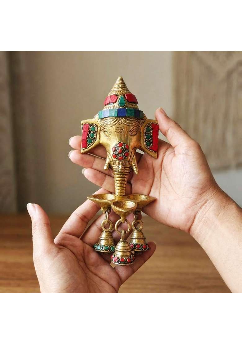Exclusivelane Golden Divine Ganesha Brass Wall Hanging Diya 100 Percent Pure Brass 21 Point 8 CM 5 ML - Indya