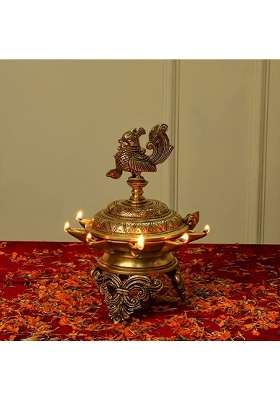 Jaszz Art Brass Peacock Diya with Stand 9 Point 8IN Tall 3 Point 2 KG Home Decor