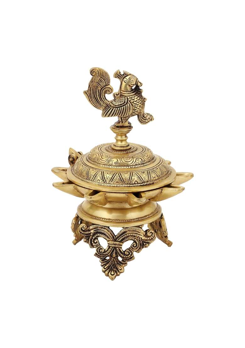 Jaszz Art Brass Peacock Diya with Stand 9 Point 8IN Tall 3 Point 2 KG Home Decor - Indya