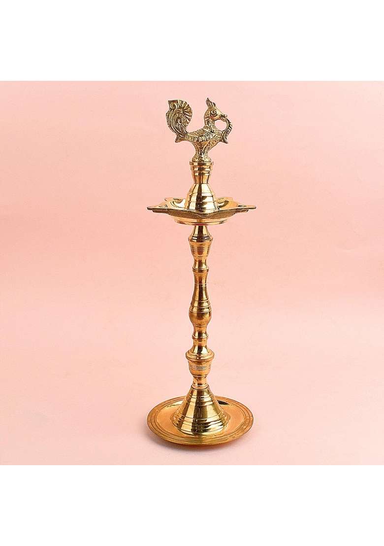 Satvik 13 Inch Pure Brass Peacock Kerala Diya for Home Temple and Inauguration Use - Indya