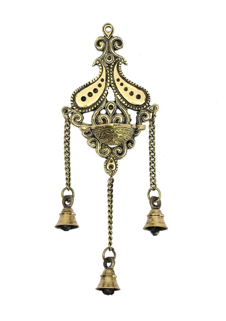 Esplanade Golden Brass Diya with Bells Wall Hanging for Decoration and Illumination - Indya