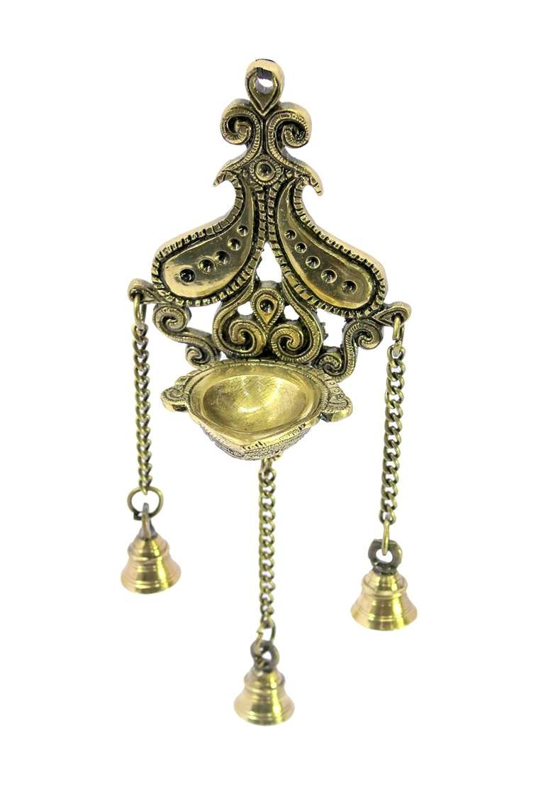 Esplanade Golden Brass Diya with Bells Wall Hanging for Decoration and Illumination - Indya