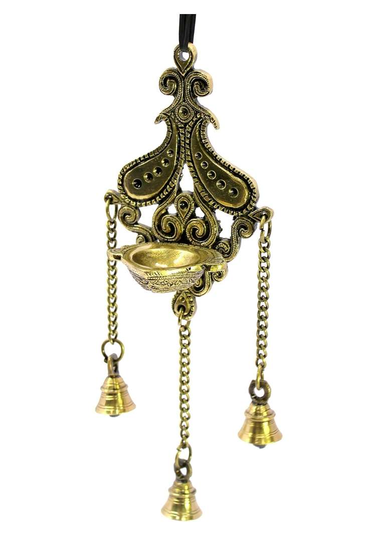 Esplanade Golden Brass Diya with Bells Wall Hanging for Decoration and Illumination - Indya