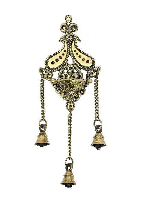 Esplanade Golden Brass Diya with Bells Wall Hanging for Decoration and Illumination
