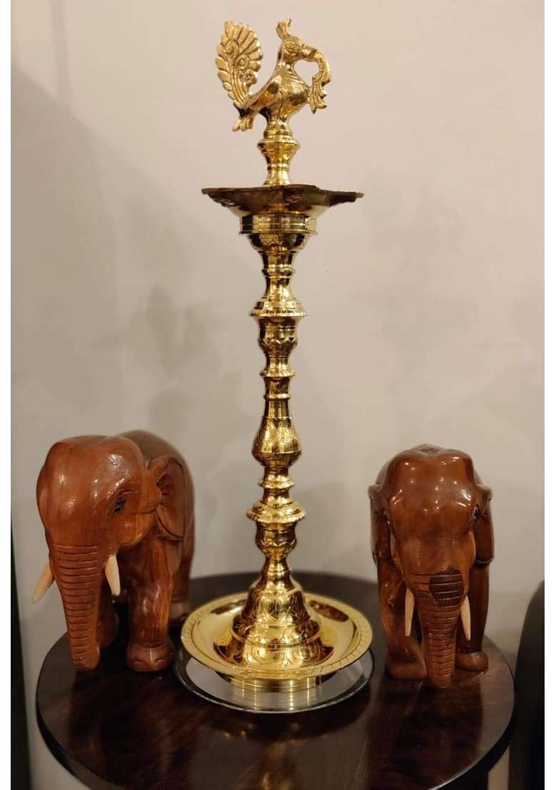 Brass Inauguration Oil Lamp Diya Mahabharat Peacock Diya for Pooja Room Events Height 25 Inches Colour Golden - Indya