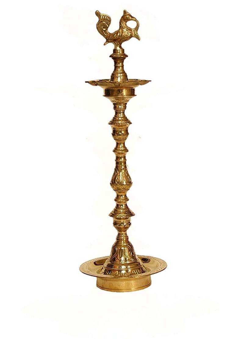Brass Inauguration Oil Lamp Diya Mahabharat Peacock Diya for Pooja Room Events Height 25 Inches Colour Golden - Indya