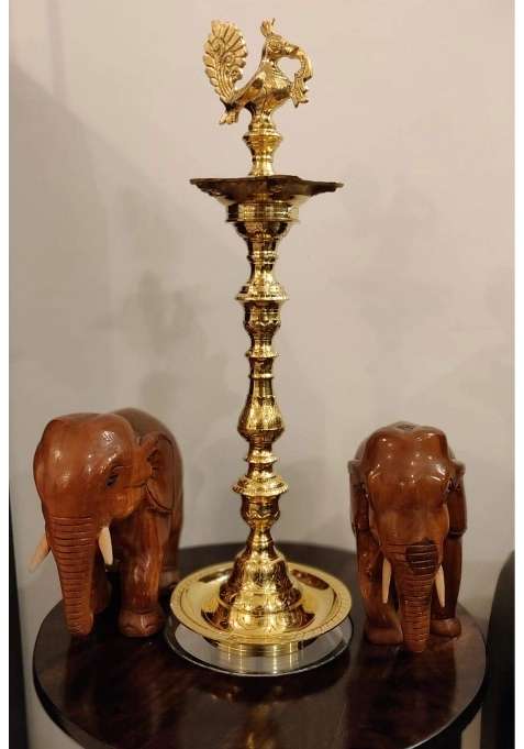 Brass Inauguration Oil Lamp Diya Mahabharat Peacock Diya for Pooja Room Events Height 25 Inches Colour Golden