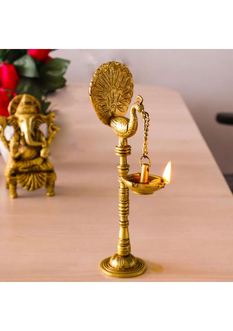 Pure Source India Pure Gold Brass Peacock Oil Diya Lamp 9 and Half Inch Set of 2 - Indya