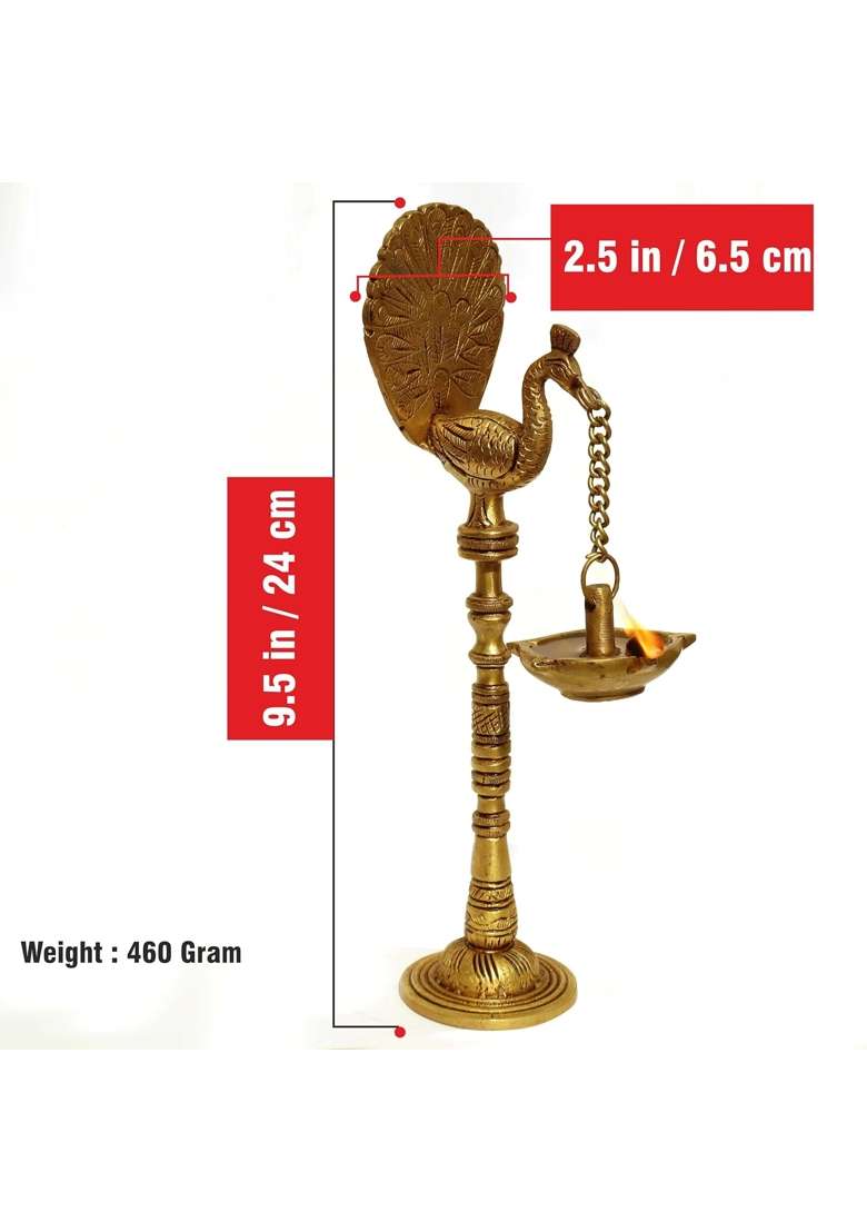 Pure Source India Pure Gold Brass Peacock Oil Diya Lamp 9 and Half Inch Set of 2 - Indya