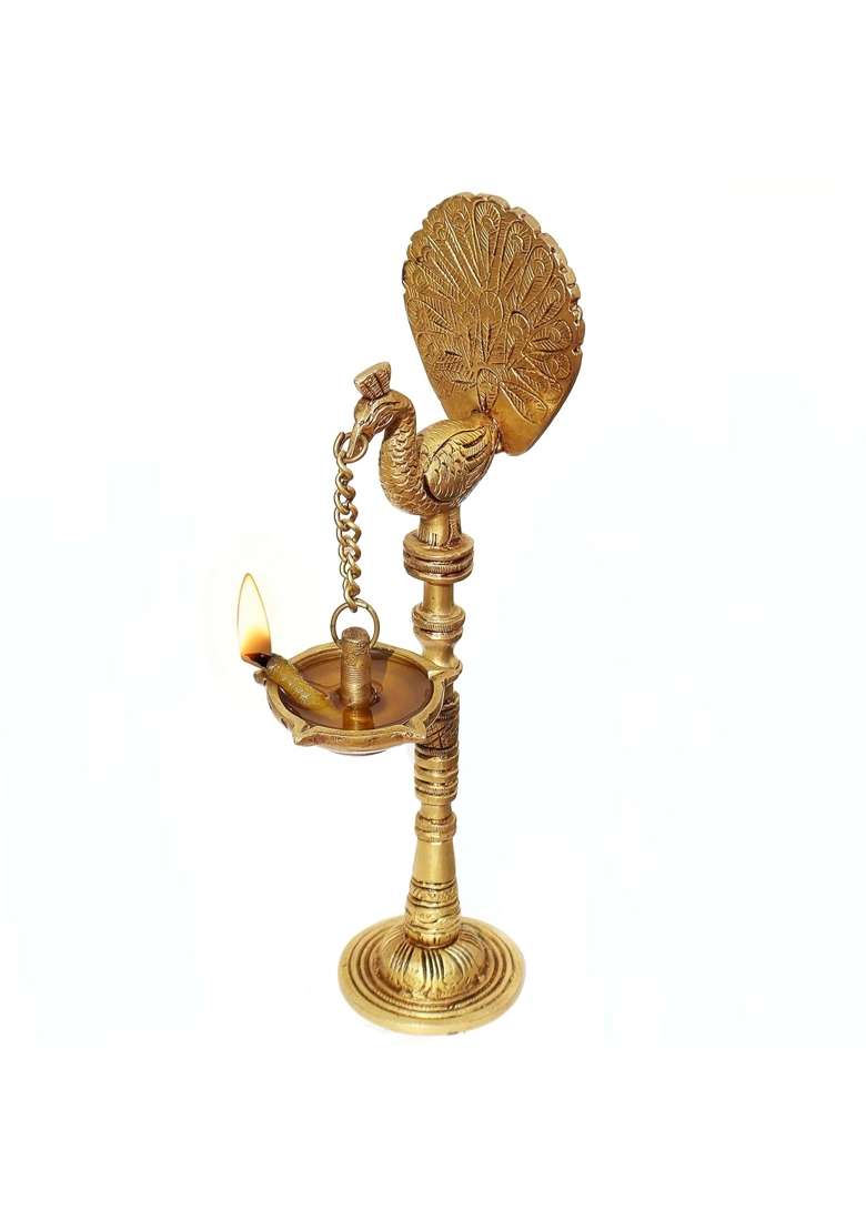 Pure Source India Pure Gold Brass Peacock Oil Diya Lamp 9 and Half Inch Set of 2 - Indya